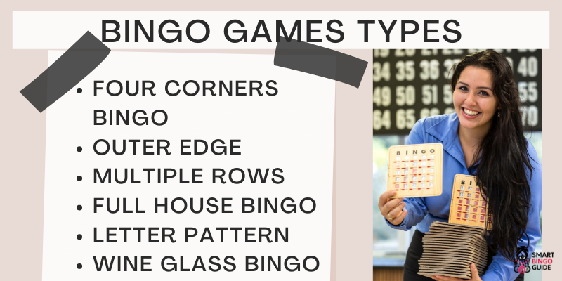 Almost all bingo games types list with names - Woman holding bingo cards
