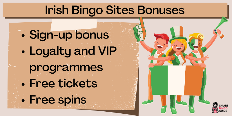 Irish bingo sites bonuses list, three people dressed in Ireland clothes, IE flag